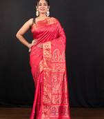Red handmade pure swarnachuri silk saree with premium gold zari booti and traditional art work in pallu