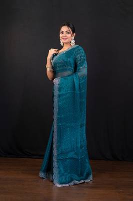 Teal blue jimmy choo saree with intricate silver embellishments and beautiful curve border 1