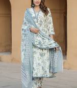 Women's Cotton Slub Fabric Flarred Kurta, Pant and Dupatta Set