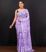 Purple cotton jamdani saree with offwhite leaf jaal motifs