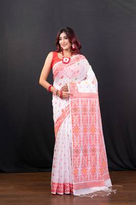 Offwhite cotton jamdani saree with red  woven motifs 1