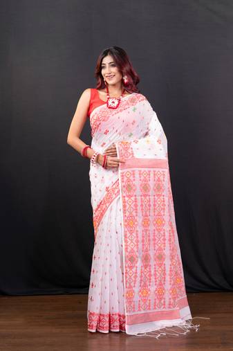 Offwhite cotton jamdani saree with red  woven motifs