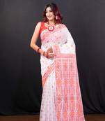 Offwhite cotton jamdani saree with red  woven motifs