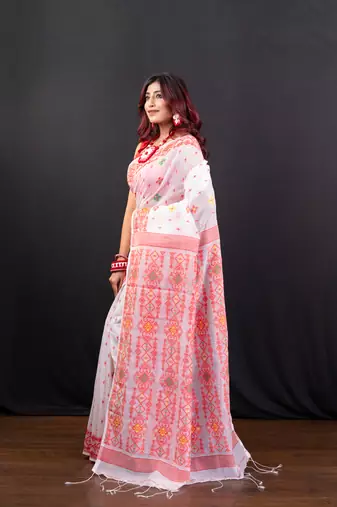 Offwhite cotton jamdani saree with red  woven motifs