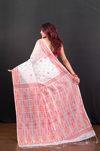 Offwhite cotton jamdani saree with red  woven motifs