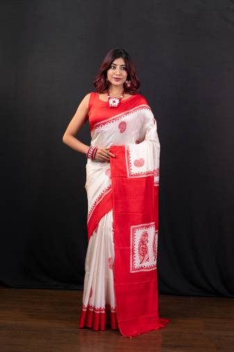 White and red handpainted pure bishnupur katan silk saree