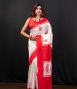 White and red handpainted pure bishnupur katan silk saree