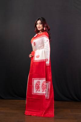 White and red handpainted  bishnupur katan silk blend saree 2
