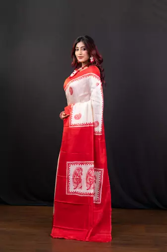 White and red handpainted  bishnupur katan silk blend saree