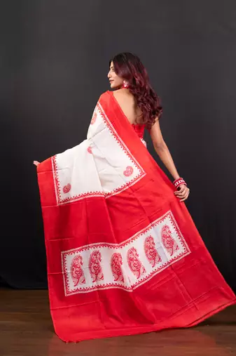 White and red handpainted  bishnupur katan silk blend saree