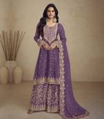 Designer purple chinon silk embroidered palazzo suit