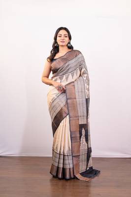 Offwhite and black handpainted  tussar silk saree 1