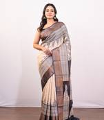Offwhite and black handpainted pure tussar silk saree