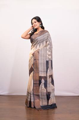 Offwhite and black handpainted  tussar silk saree 2