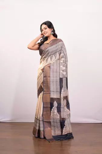 Offwhite and black handpainted  tussar silk saree