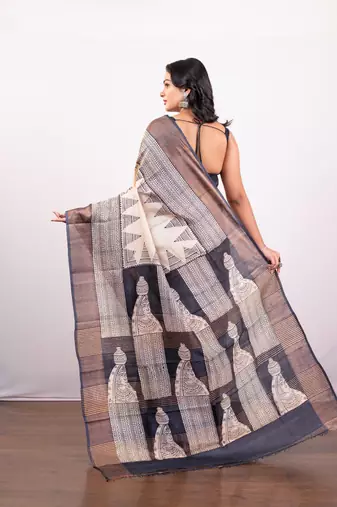 Offwhite and black handpainted  tussar silk saree