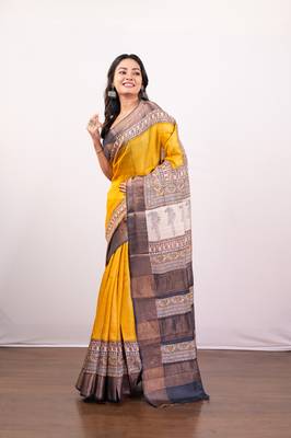 Yellow handpainted  tussar silk saree 1