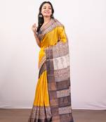 Yellow handpainted pure tussar silk saree