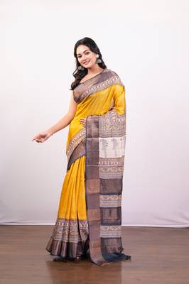 Yellow handpainted  tussar silk saree 2