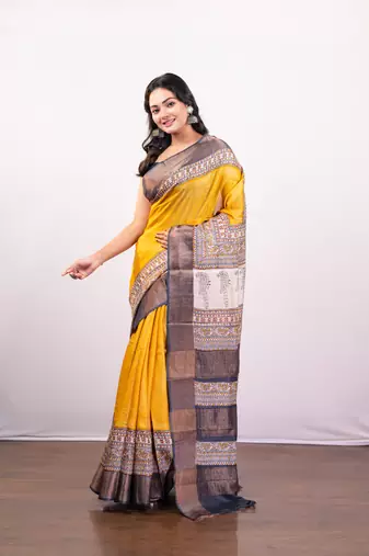 Yellow handpainted  tussar silk saree