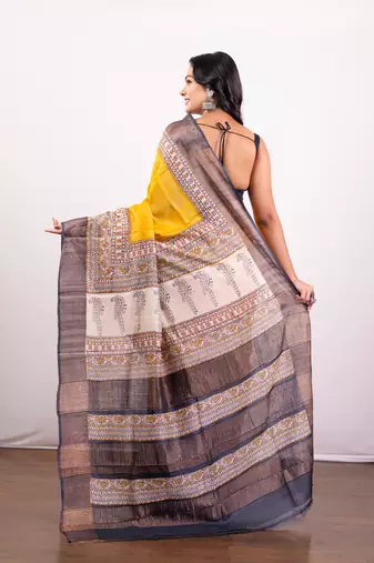 Yellow handpainted  tussar silk saree