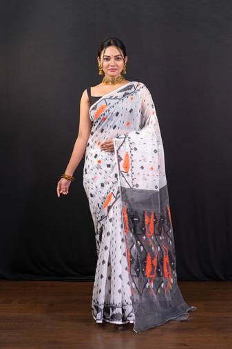 Offwhite cotton jamdani saree with black and rust woven booti