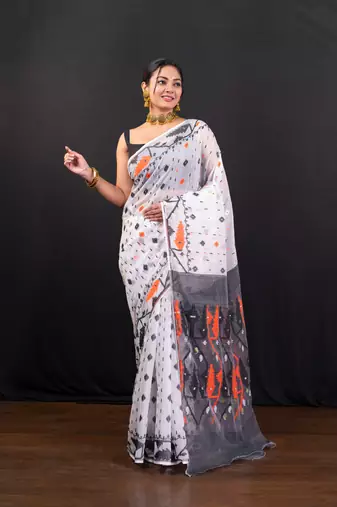 Offwhite cotton jamdani saree with black and rust woven booti