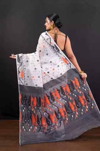 Offwhite cotton jamdani saree with black and rust woven booti