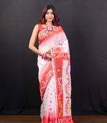 Offwhite and red cotton jamdani saree with multi woven motifs