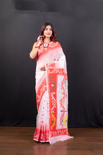 Offwhite and red cotton jamdani saree with multi woven motifs