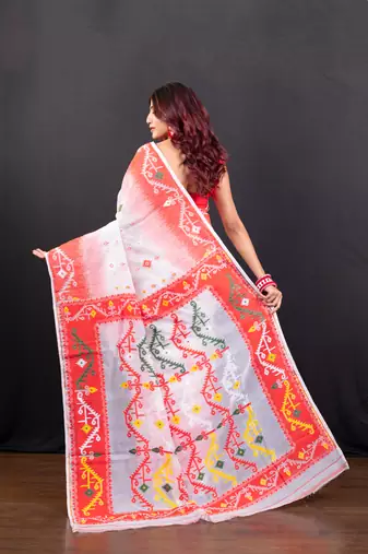 Offwhite and red cotton jamdani saree with multi woven motifs