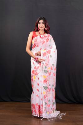 Offwhite cotton jamdani saree with red and multi leaf motifs 1