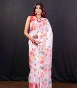 Offwhite cotton jamdani saree with red and multi leaf motifs