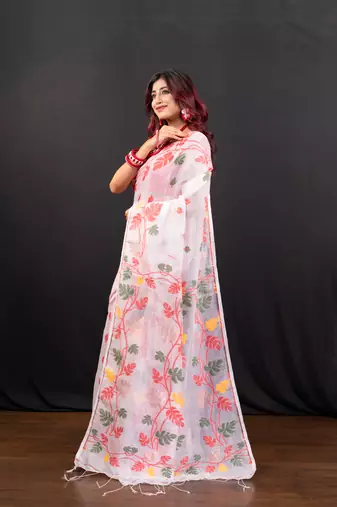 Offwhite cotton jamdani saree with red and multi leaf motifs