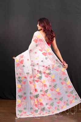 Offwhite cotton jamdani saree with red and multi leaf motifs 3