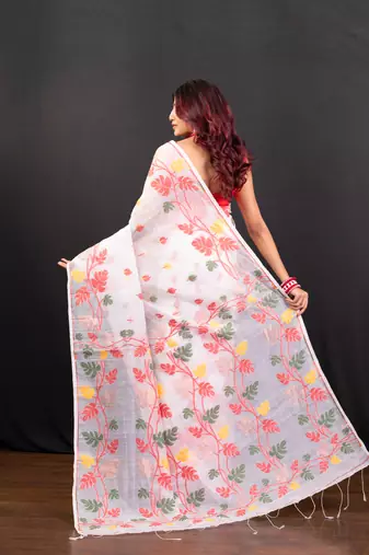 Offwhite cotton jamdani saree with red and multi leaf motifs