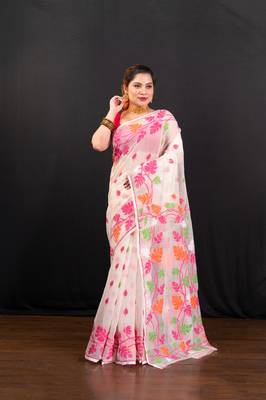 Offwhite cotton jamdani saree with pink and multi leaf motifs 1