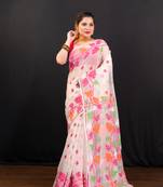 Offwhite cotton jamdani saree with pink and multi leaf motifs