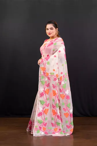 Offwhite cotton jamdani saree with pink and multi leaf motifs