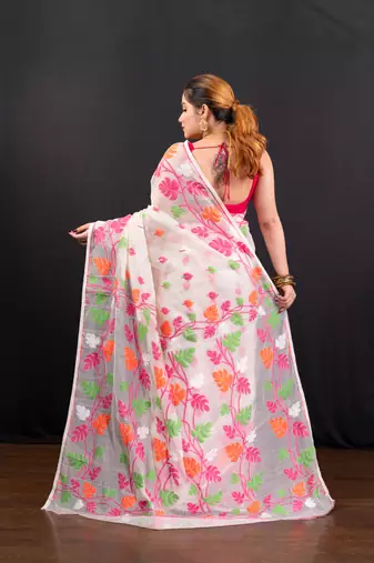 Offwhite cotton jamdani saree with pink and multi leaf motifs