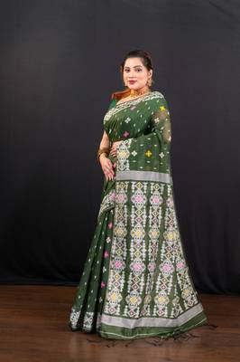 Dark green cotton jamdani saree with offwhite  woven motifs 1