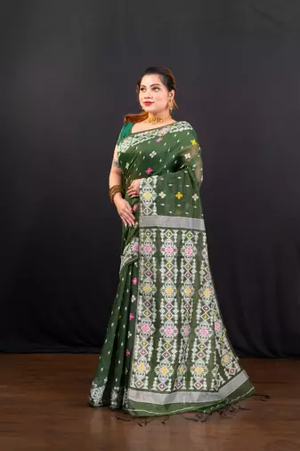 Dark green cotton jamdani saree with offwhite  woven motifs