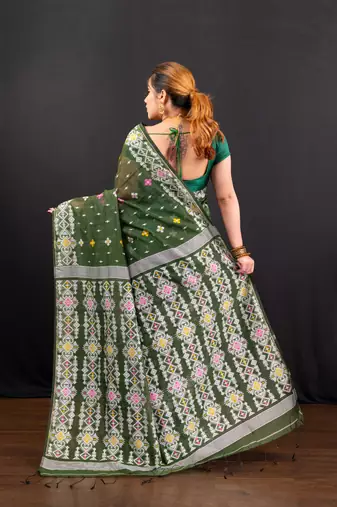 Dark green cotton jamdani saree with offwhite  woven motifs