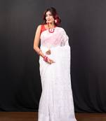 White cotton jamdani saree with self woven motifs