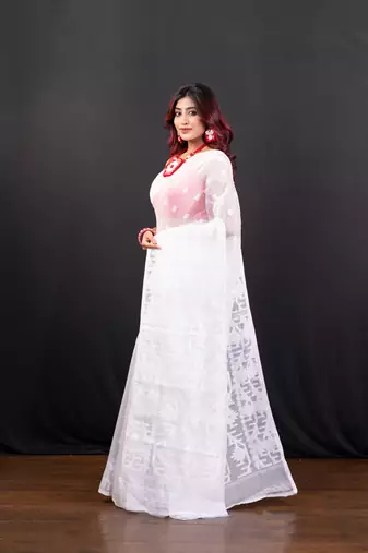White cotton jamdani saree with self woven motifs