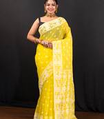 Yellow cotton jamdani saree with white woven motifs
