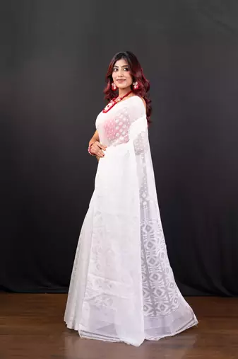 White cotton jamdani saree with self woven motifs and golden booti