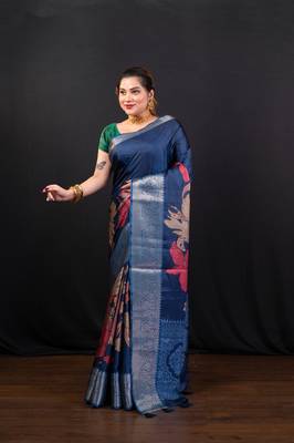 Blue floral printed soft gaji art silk blend saree with weaving jequarad border 1