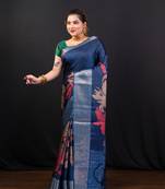 Blue floral printed soft gaji art silk saree with weaving jequarad border