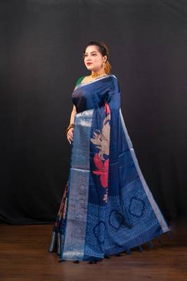 Blue floral printed soft gaji art silk blend saree with weaving jequarad border 2